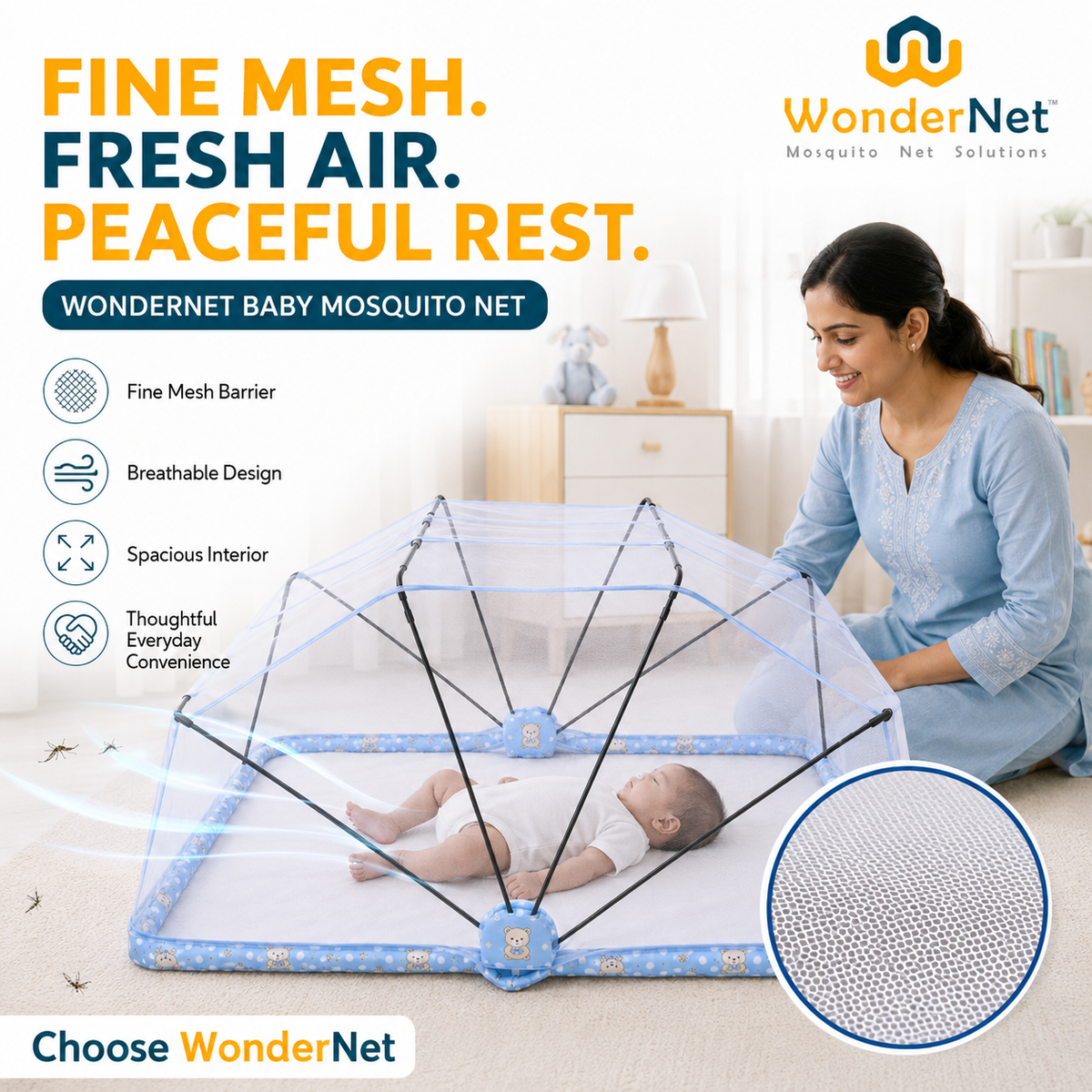 WonderNet Baby Mosquito Net: | Easy to Setup | Easy to Fold | Easy to Store | Easy to Carry |