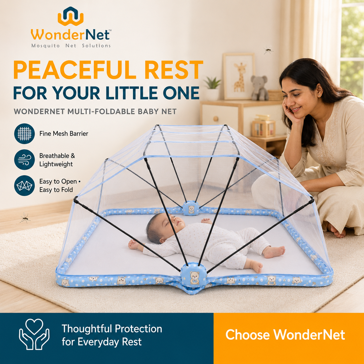 WonderNet Baby Mosquito Net: | Easy to Setup | Easy to Fold | Easy to Store | Easy to Carry |