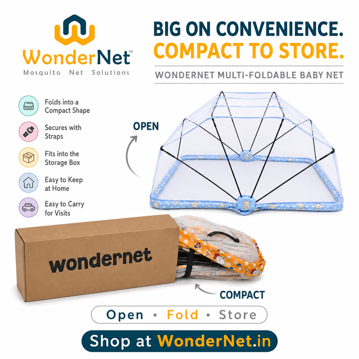 WonderNet Baby Mosquito Net: | Easy to Setup | Easy to Fold | Easy to Store | Easy to Carry |